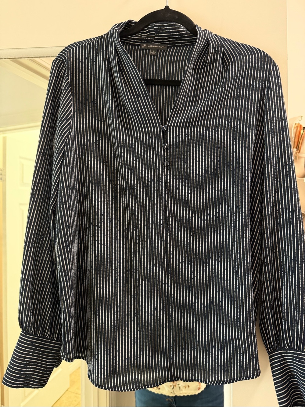 Adrianna Papell Navy and White Striped Long-Sleeve Blouse